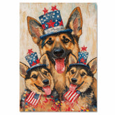 German Shepherd Mom and Puppies in Starry Patriotic Hats with Red Bowties and Distressed American Flag Background on Ready to Hang 1.5" Thick Canvas Wrap, Floating Framed Canvas, Flat Rolled Canvas
